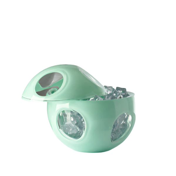Three-quarter view of Sputnik acrylic ice bucket in turquoise with open lid revealing ice and circular window cutouts on white background