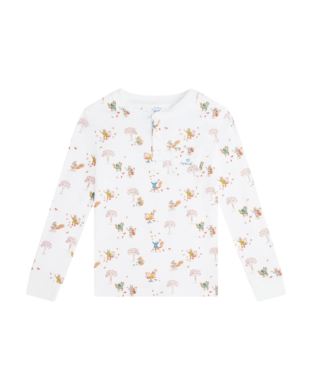 Squirrel Print Henley Pajamas in White