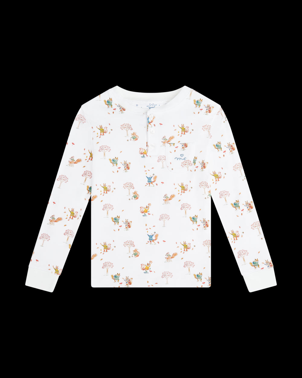 Squirrel Print Henley Pajamas in White