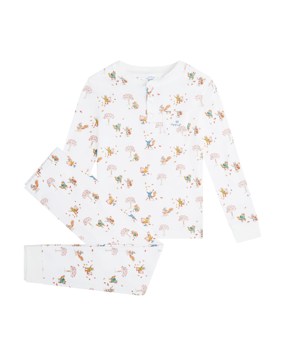 Squirrel Print Henley Pajamas in White