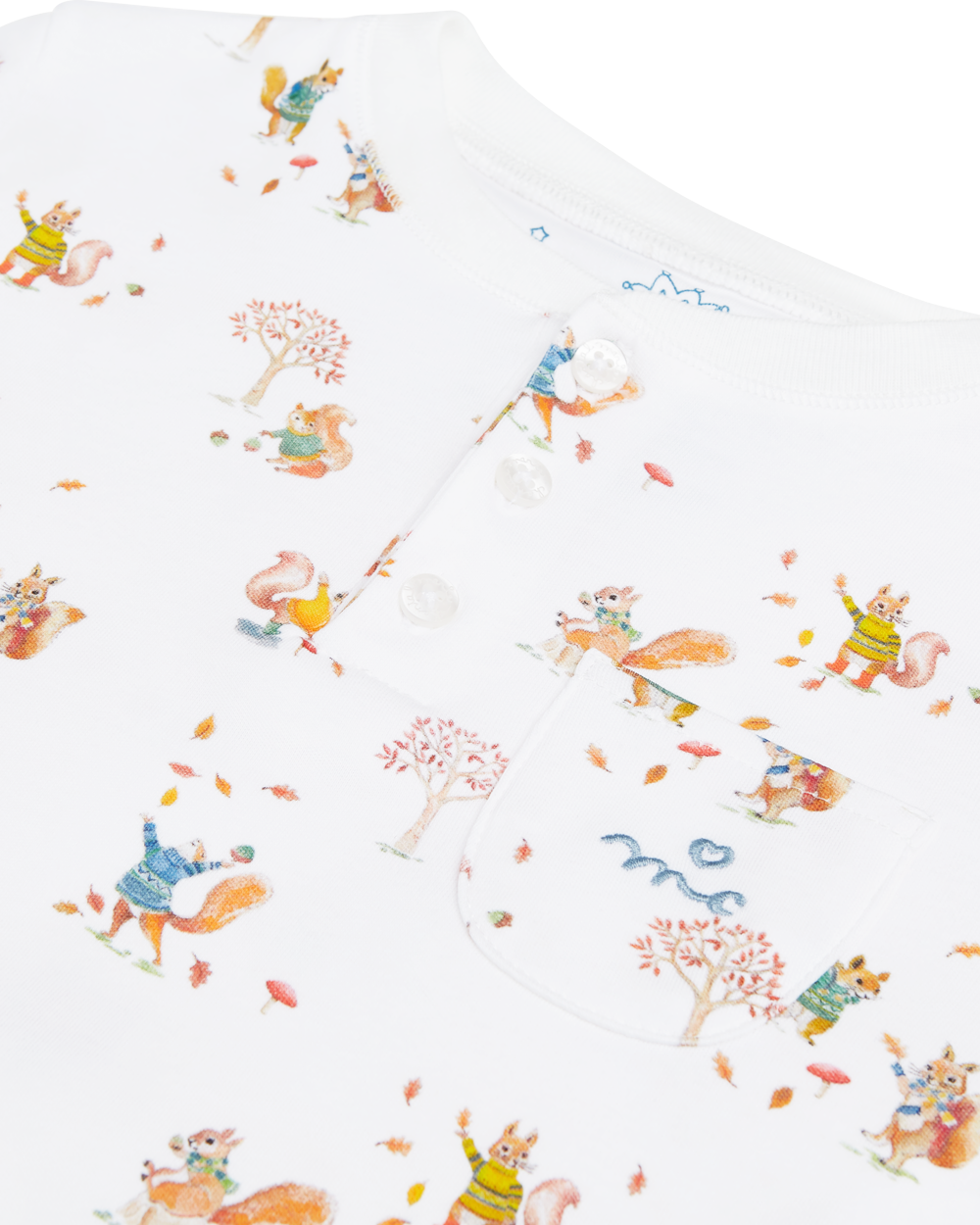 Squirrel Print Henley Pajamas in White