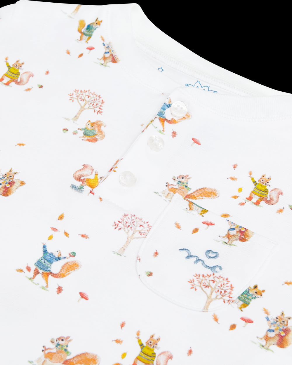 Squirrel Print Henley Pajamas in White