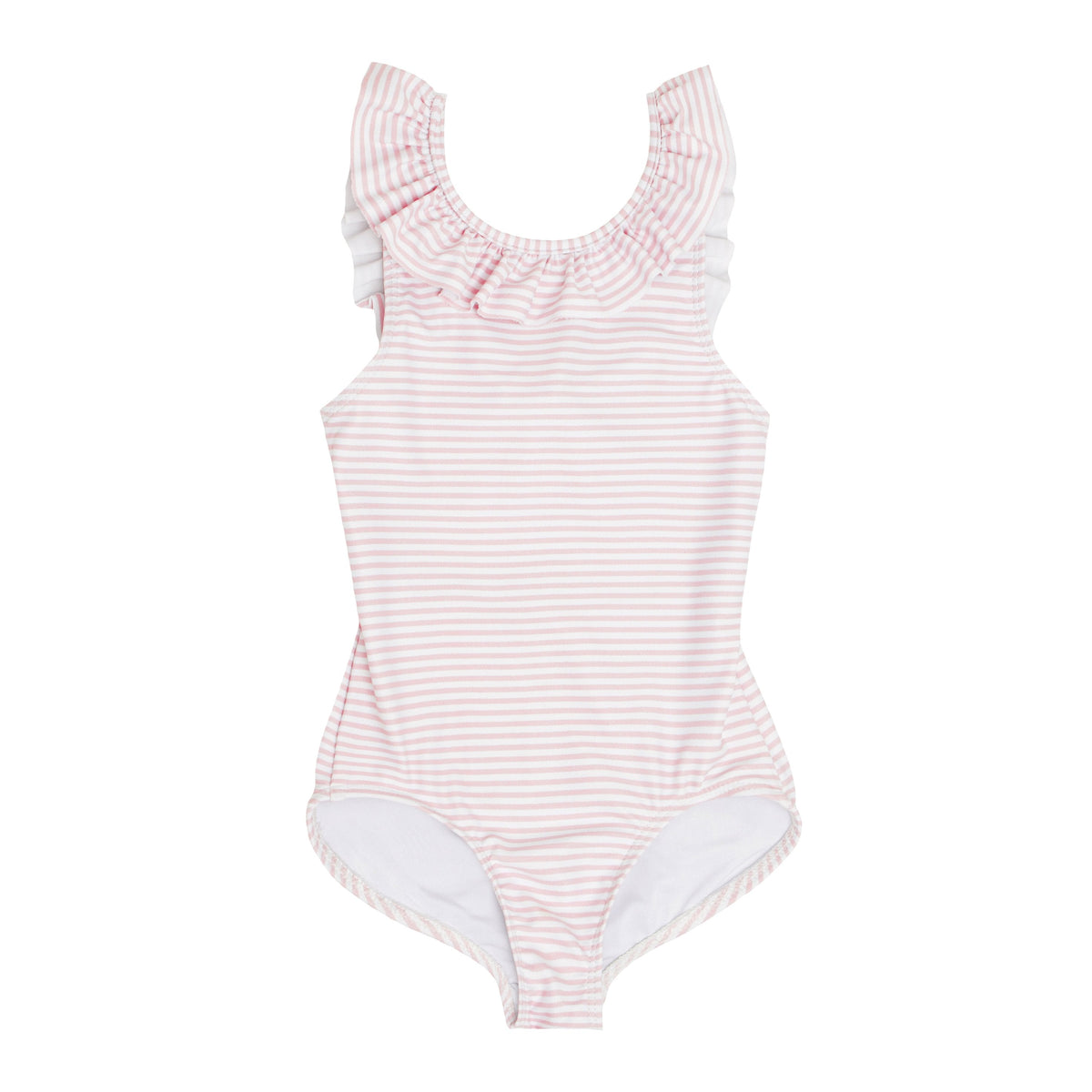 Front view of girls’ ruffle collar one-piece in light pink stripe on a white background