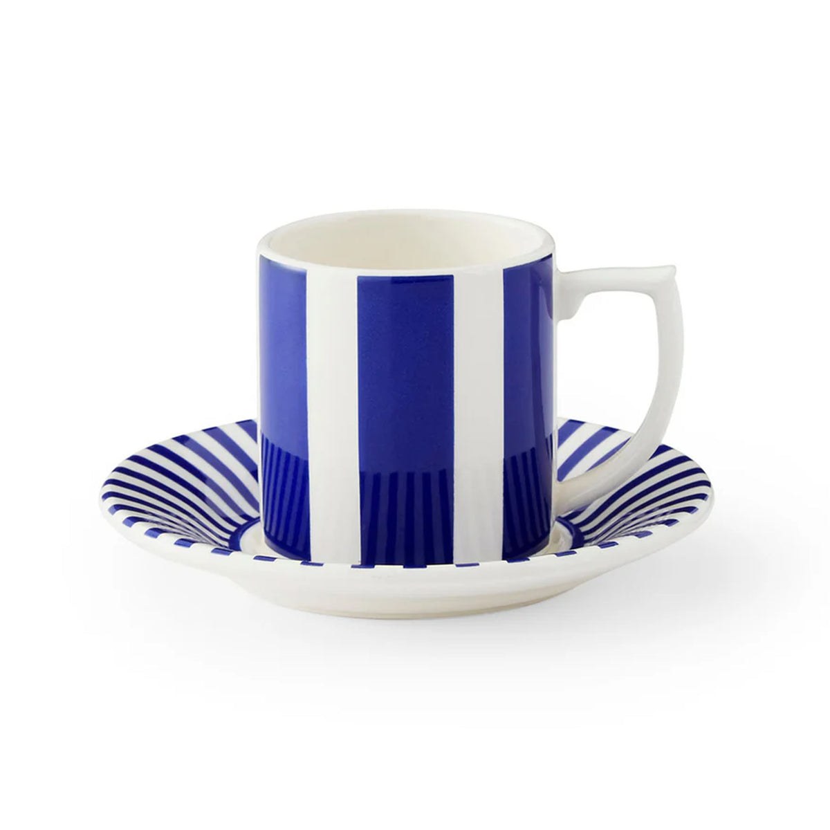 Front view of Steccato Bold Espresso Cup and Saucers, Set of 4 showcasing cobalt blue stripes, white background