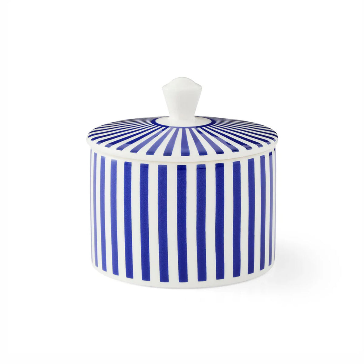 Front view of Steccato Covered Sugar Bowl showcasing blue and white stripes with a matching lid on a white background
