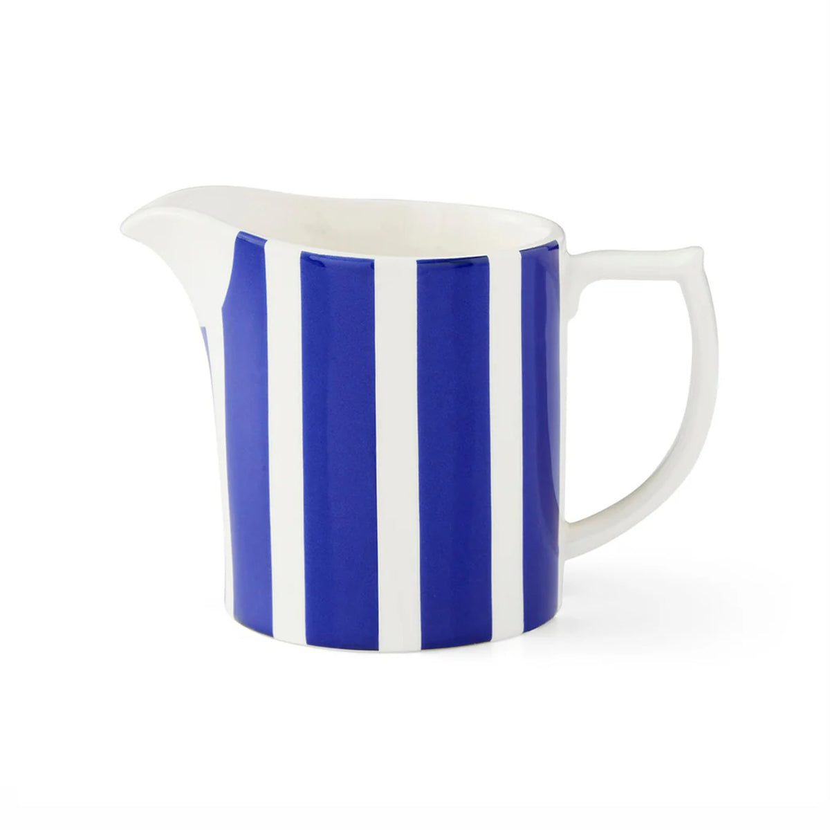 Front view of Steccato Milk Jug showcasing blue and white bold stripes, curved spout, and handle with a white background