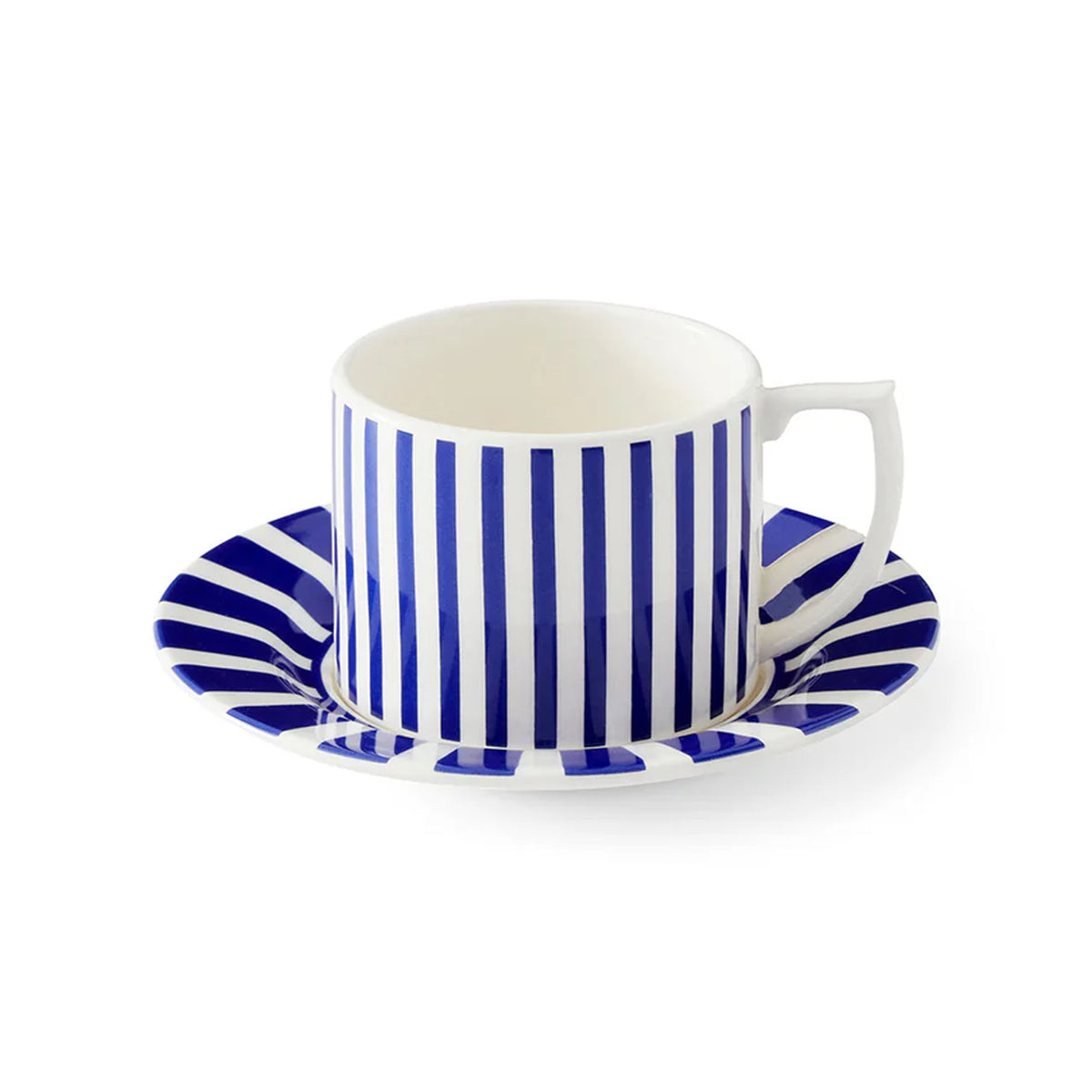Front view of Steccato Narrow Teacup and Saucers set of 4 with cobalt blue narrow and bold stripes on white