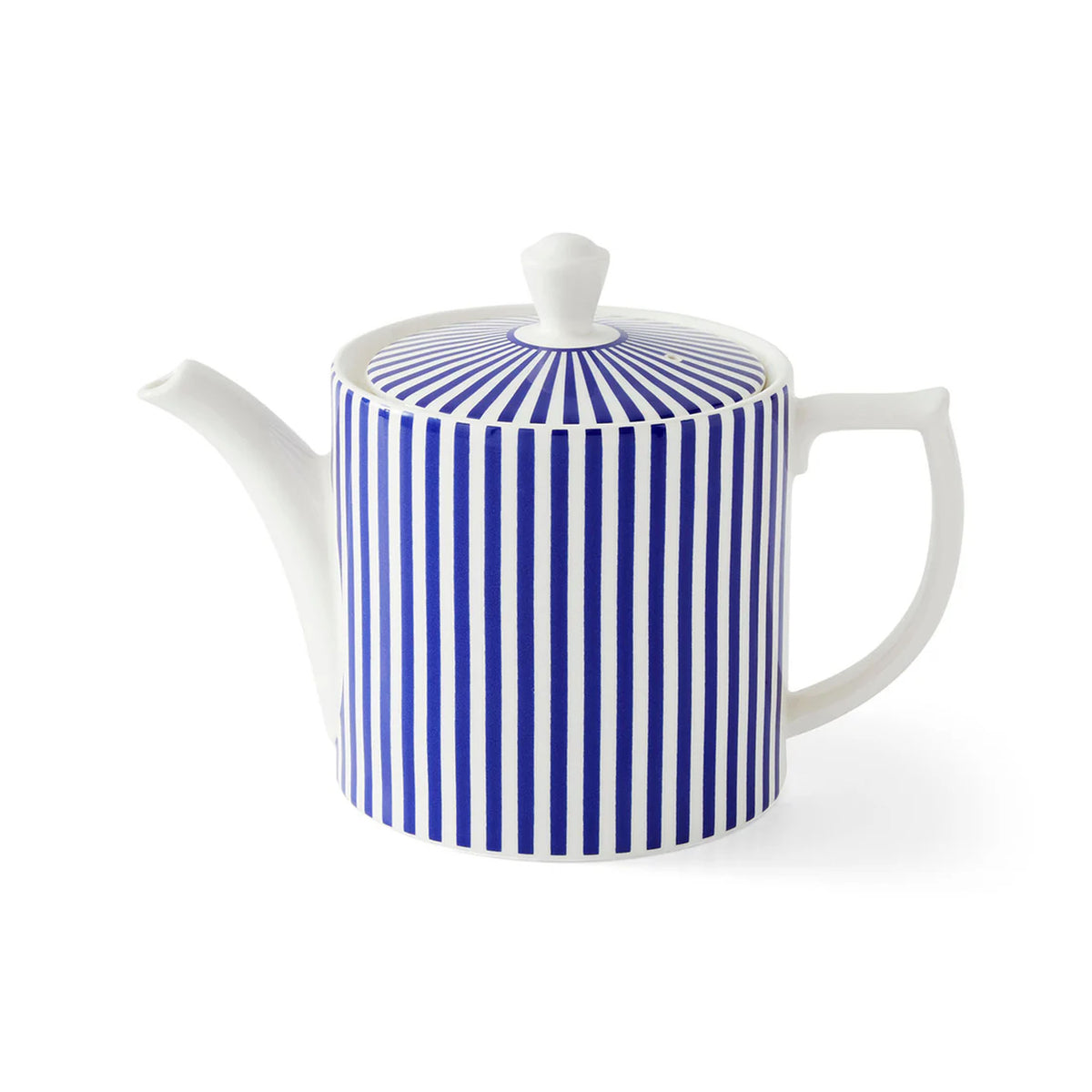 Front view of Steccato Teapot showcasing narrow cobalt blue stripes on the body and lid with a white background