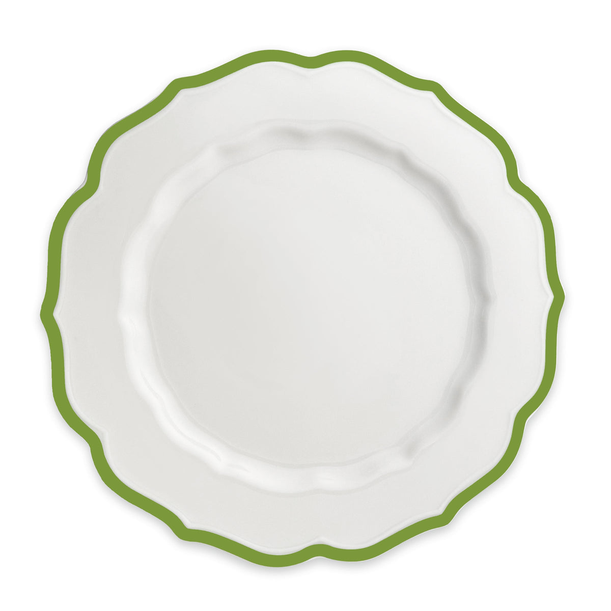 Top view of Stella Scalloped Verde Dinner Plate showcasing its scalloped edges and green rim on a white background
