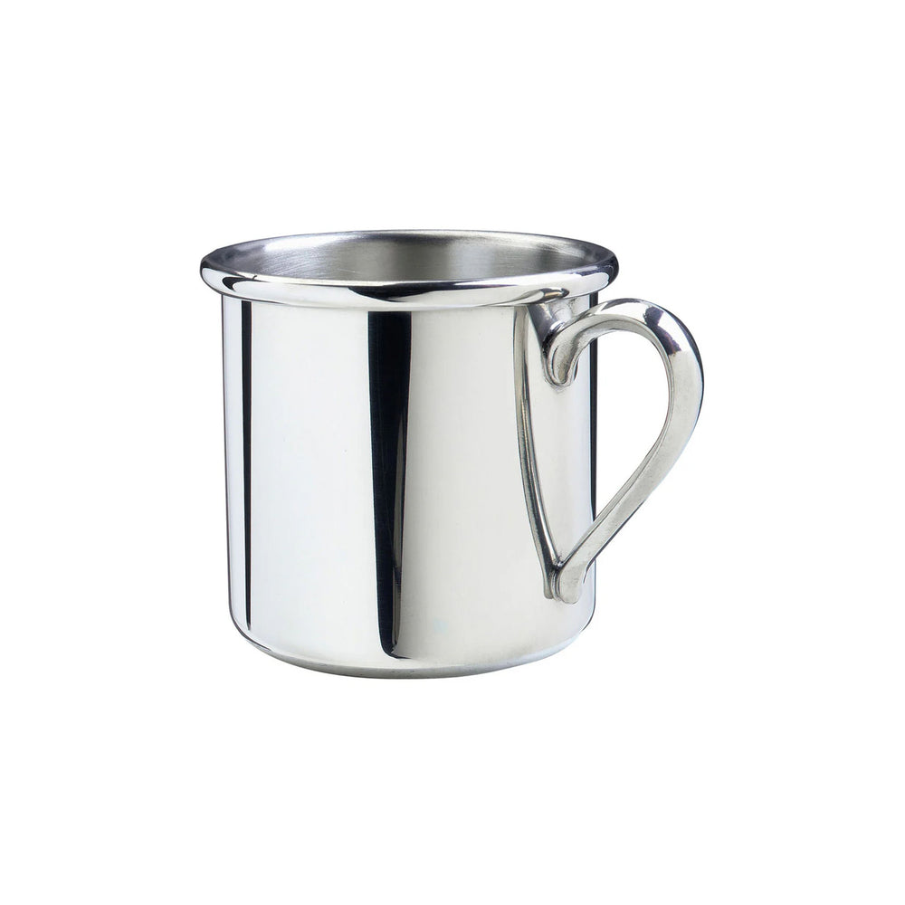 Three-quarter view of Straight Baby Cup showcasing polished pewter finish, rounded rim, and handle on white background