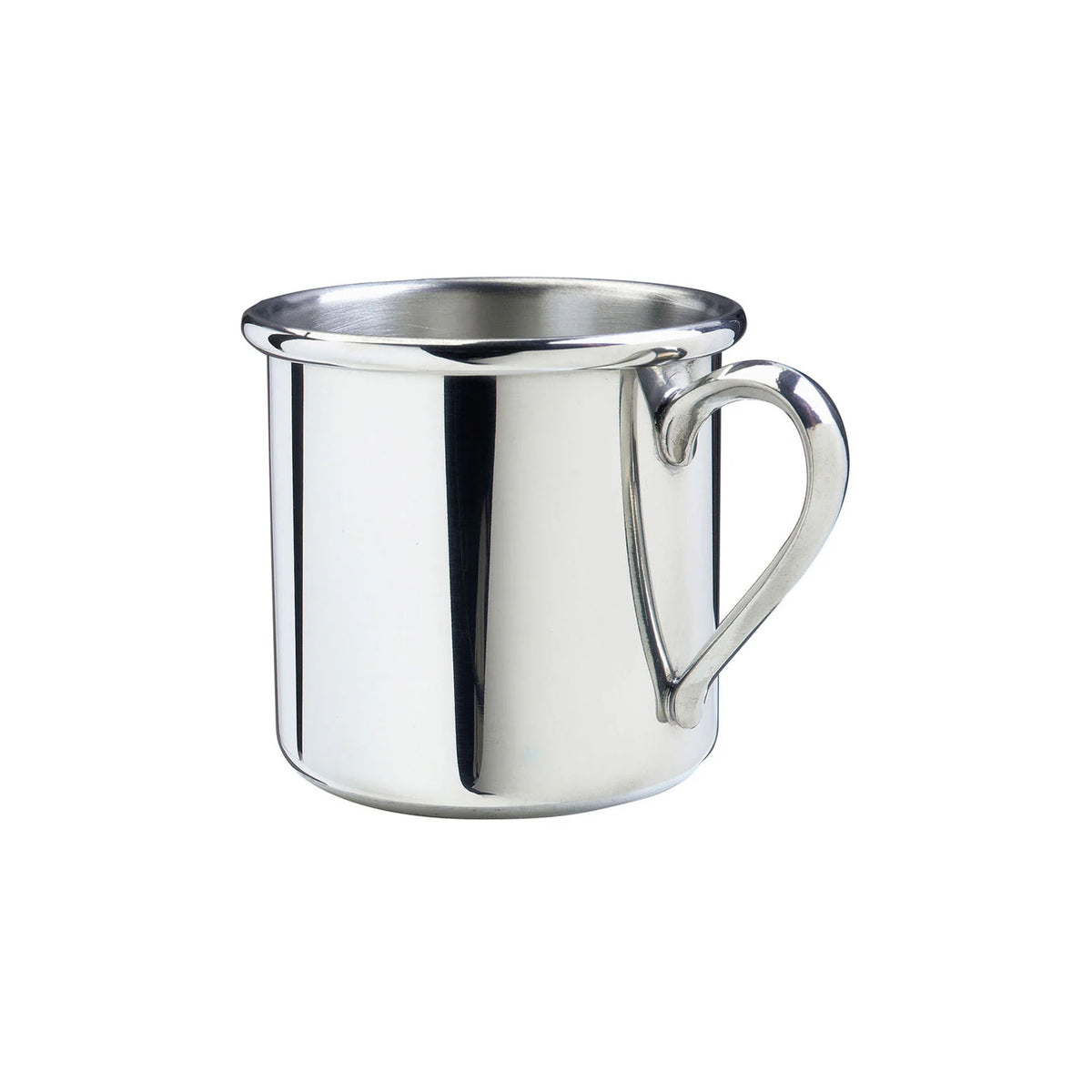 Three-quarter view of Straight Baby Cup showcasing polished pewter finish, rounded rim, and handle on white background