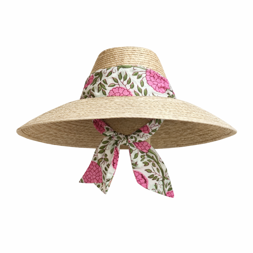 Hollyhock Sun Hat in Pink Marigold Block Print Hat Scarf