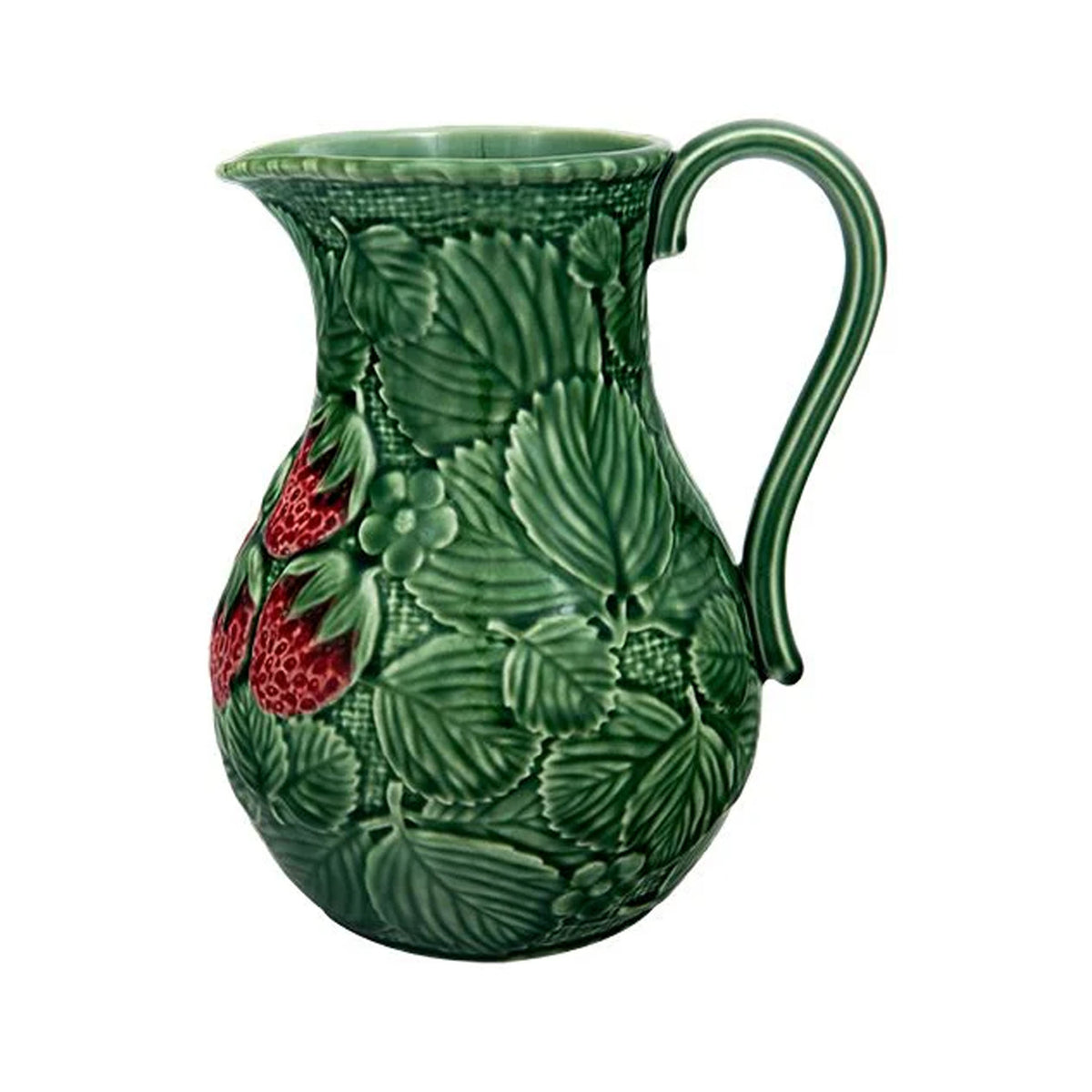 Front view of Strawberries pitcher with embossed green leaves, red strawberry accents, curved handle and spout on white