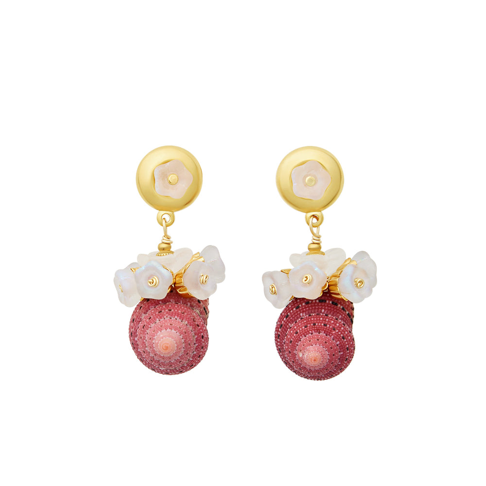 Front view of Strawberry Sunset earrings with pink shell drops, clustered white glass tulips, and gold-plated button toppers