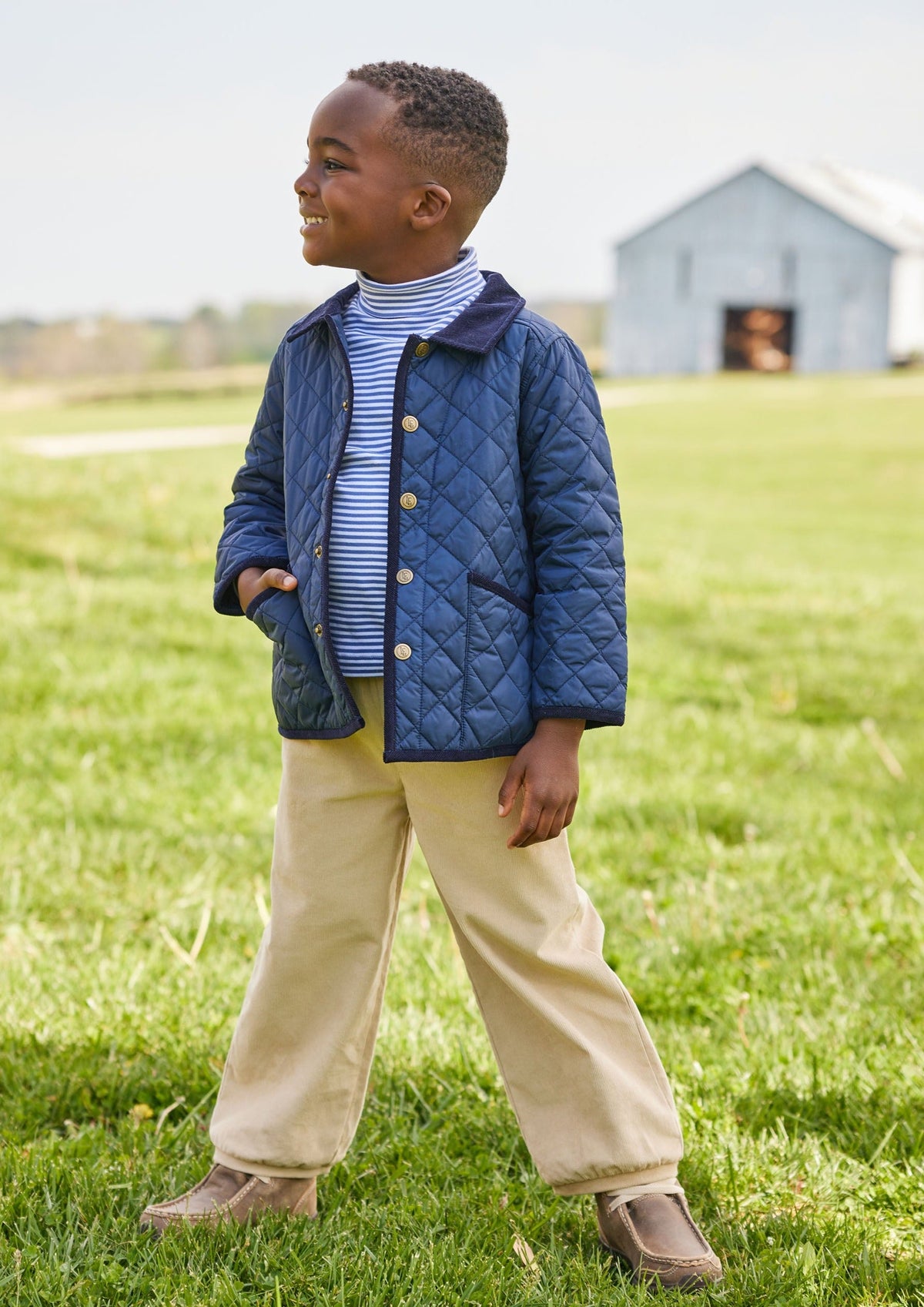 Little English children's classic quilted jacket in navy with brass buttons and corduroy details