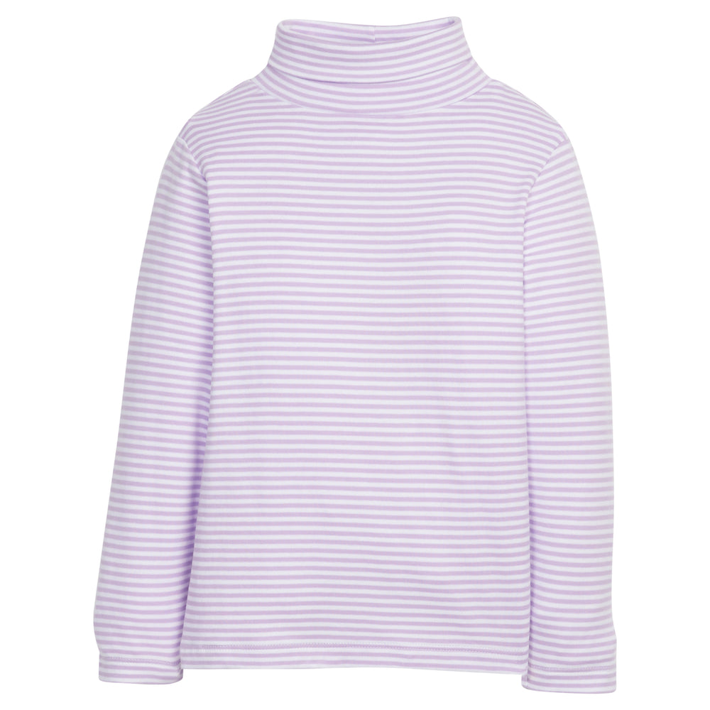 Front view of striped turtleneck showcasing lavender and white horizontal stripes, long sleeves, and folded neck on white background