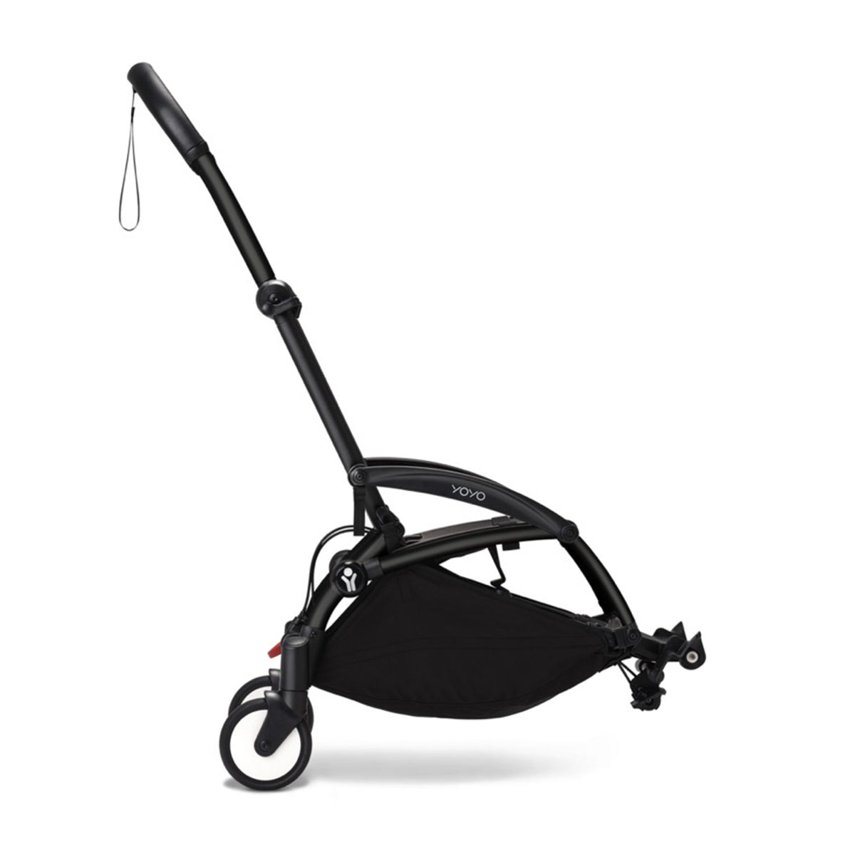 Profile view of YOYO Connect stroller attachment showing folded black frame and under-seat storage on white background