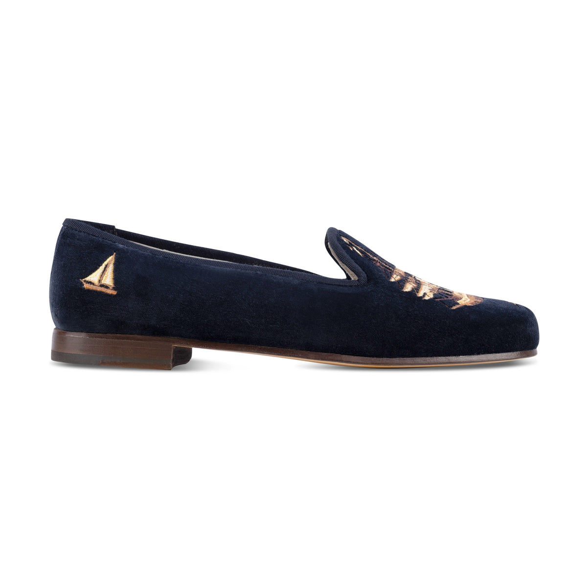 Our Nantucket Navy Velvet Slipper (Women) item is photographed here against a white background.