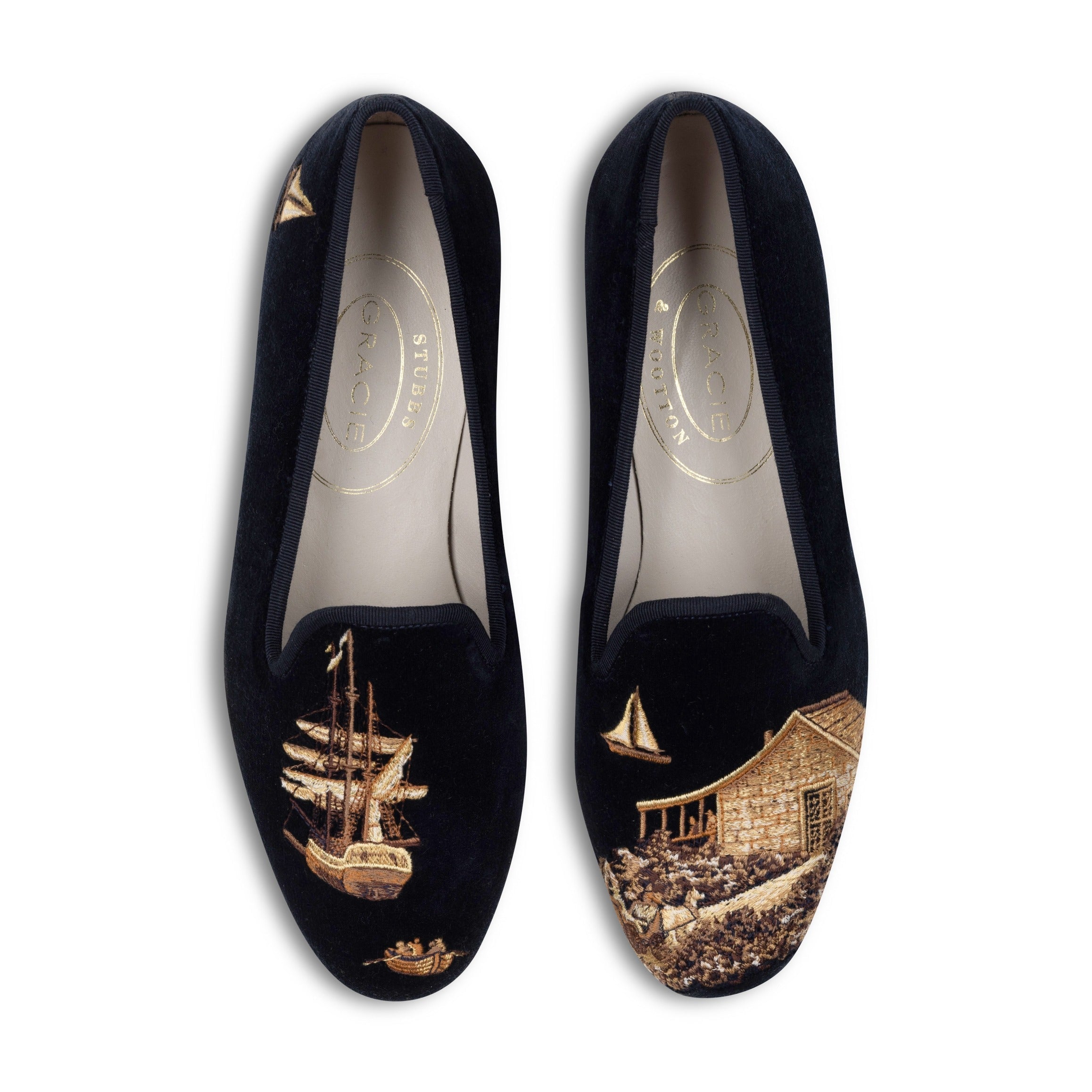 Our Nantucket Navy Velvet Slipper (Women) item is photographed here against a white background.