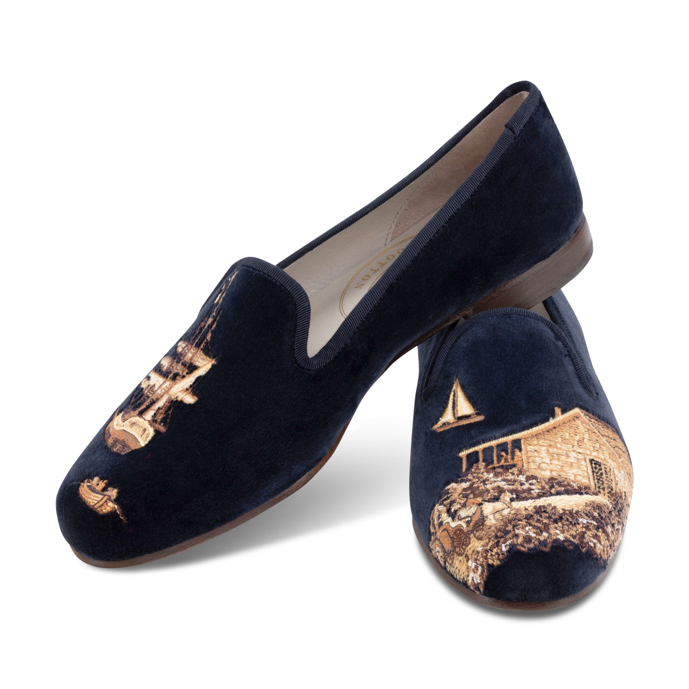 Our Nantucket Navy Velvet Slipper (Women) item is photographed here against a white background.