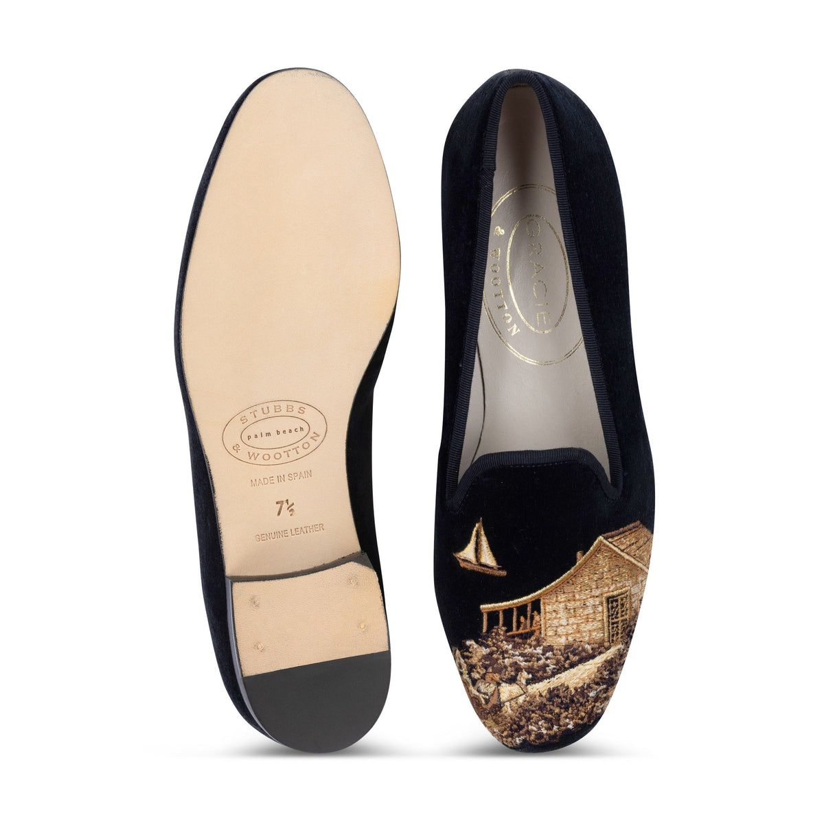 Our Nantucket Navy Velvet Slipper (Women) item is photographed here against a white background.