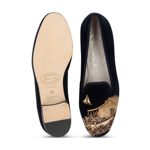 Our Nantucket Navy Velvet Slipper (Women) item is photographed here against a white background.