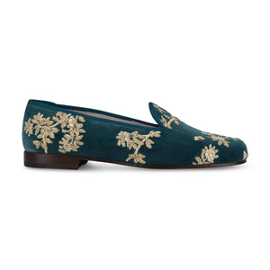 Our Marble Shimmer Peacock Velvet Slipper (Women) item is photographed here against a white background.