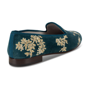 Our Marble Shimmer Peacock Velvet Slipper (Women) item is photographed here against a white background.