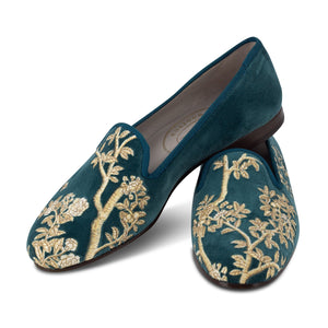 Our Marble Shimmer Peacock Velvet Slipper (Women) item is photographed here against a white background.