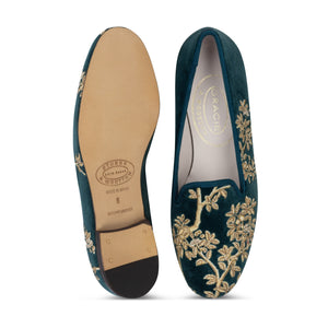 Our Marble Shimmer Peacock Velvet Slipper (Women) item is photographed here against a white background.