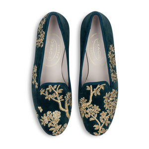 Our Marble Shimmer Peacock Velvet Slipper (Women) item is photographed here against a white background.