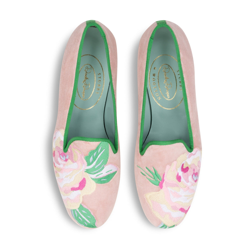 Top-down view of Grace Rose Blush velvet slippers showcasing embroidered large rose motif, green trim, mint leather lining