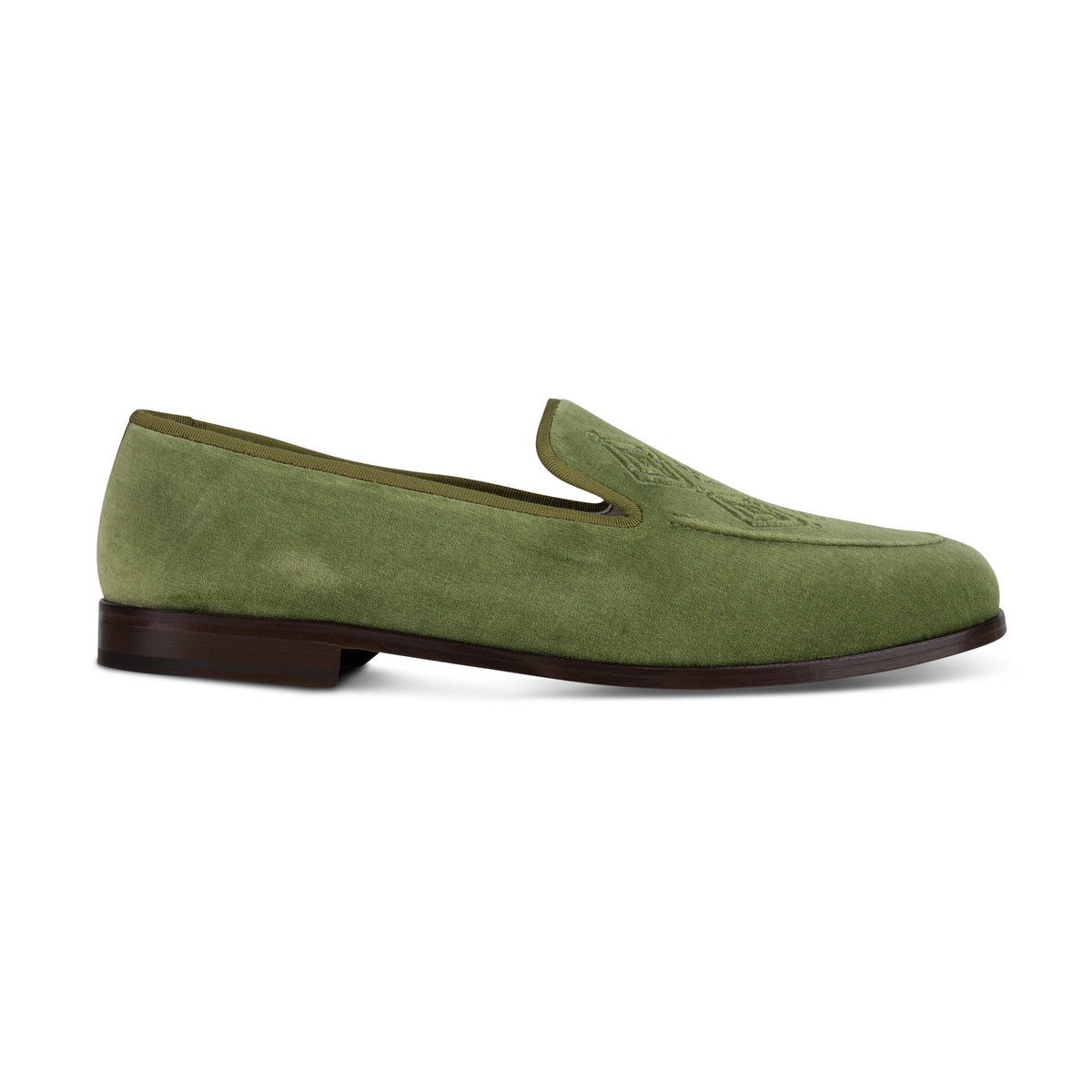 Side view of men’s Lattice Sage Venetian loafer showcasing green velvet upper with matching trim on a white background