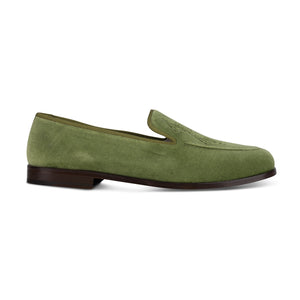 Side view of men’s Lattice Sage Venetian loafer showcasing green velvet upper with matching trim on a white background
