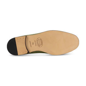 Bottom view of Men’s Lattice Sage Venetian showcasing its leather sole and stacked leather heel with a white background