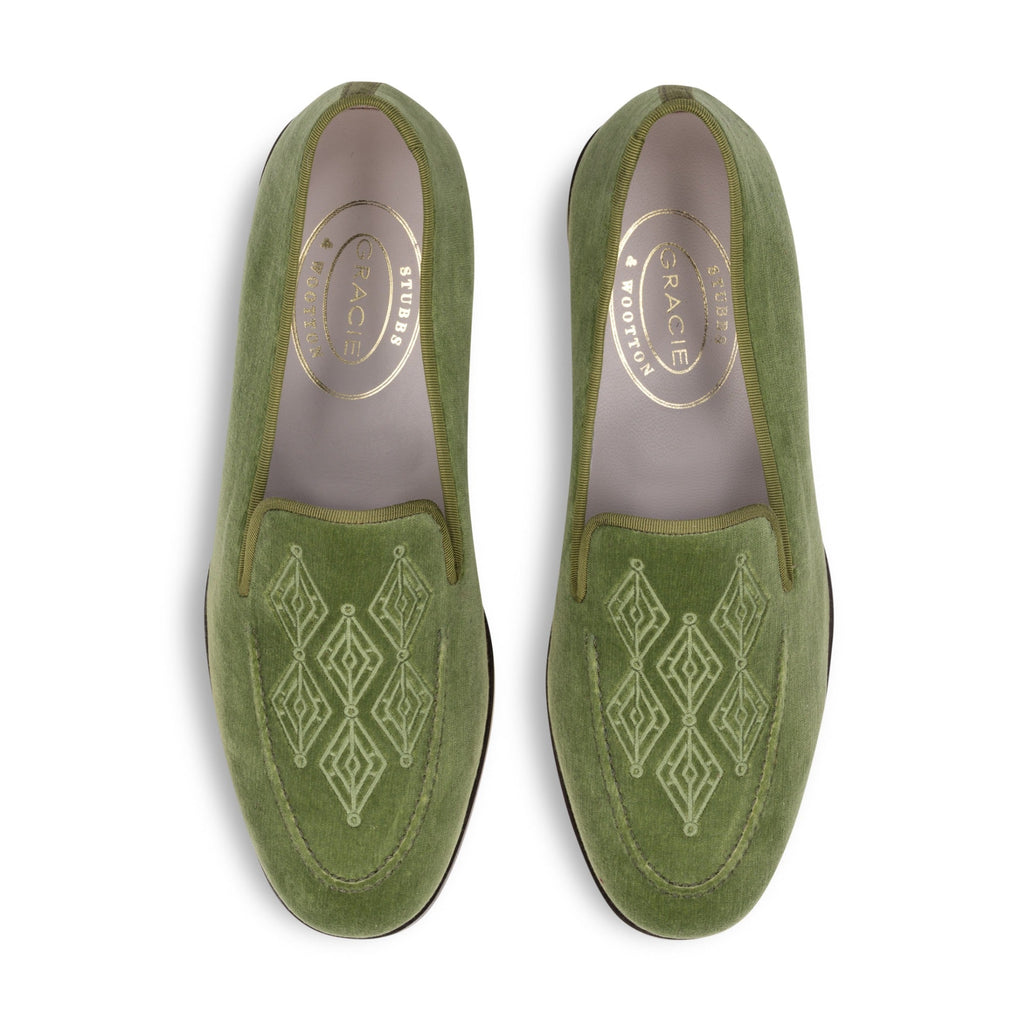 Top view of men’s Lattice Sage Venetian loafers showcasing green velvet, matching grosgrain trim, and lattice embroidery on a white background