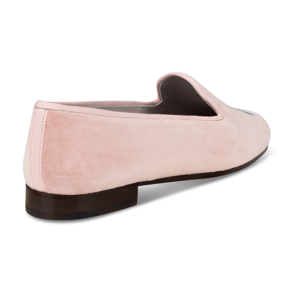 Rear three-quarter view of Paradiso Vignette Blush Slipper showcasing blush velvet and stacked leather heel on white background