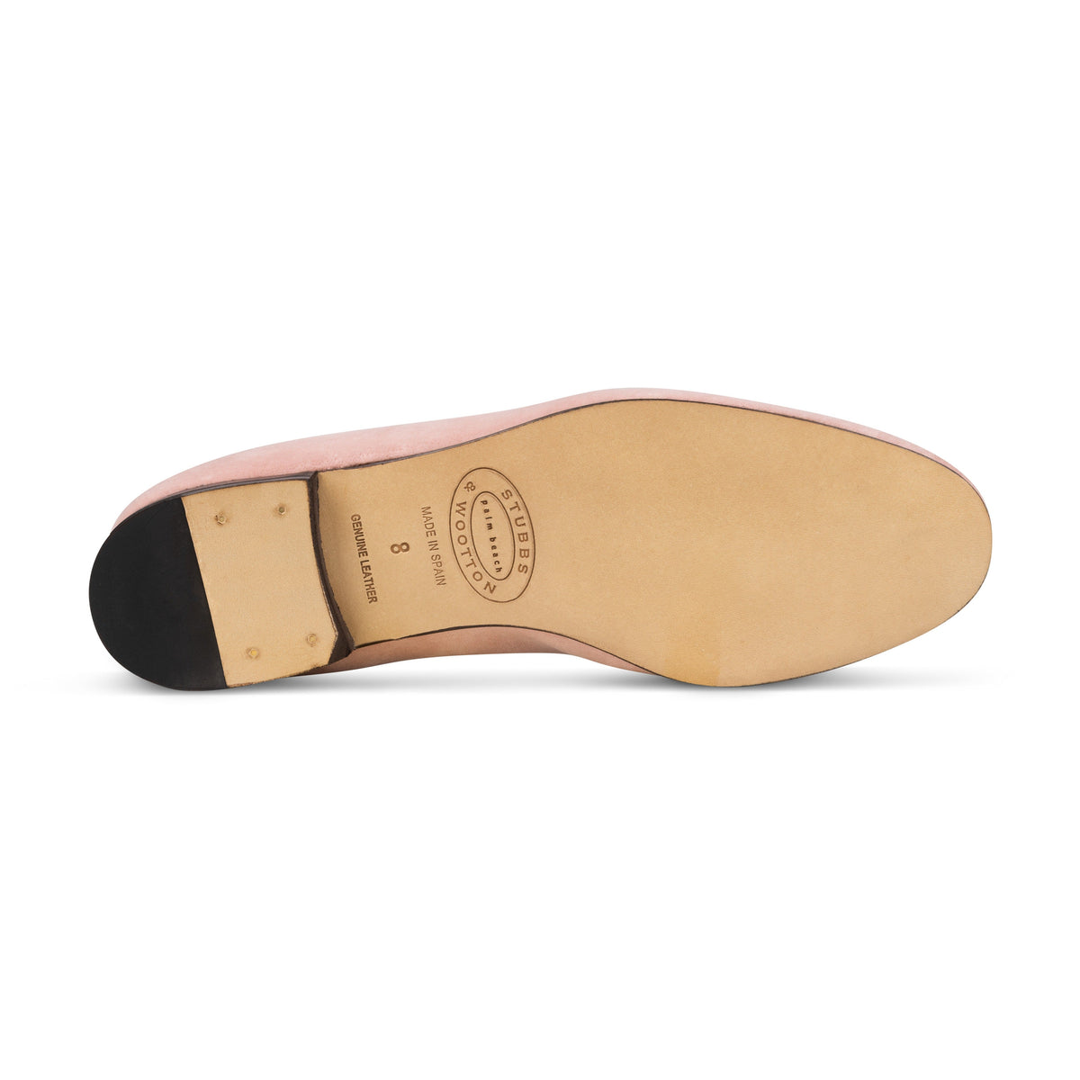 Underside view of Paradiso Vignette Blush Slipper showcasing leather sole and stacked heel on white background