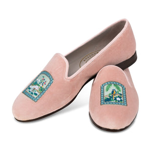 Angled view of Paradiso Vignette Blush Slipper showcasing blush velvet, grosgrain trim, and tropical bird embroidery on a white background