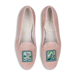 Top view of Paradiso Vignette Blush slipper showcasing tropical bird and foliage embroidery on blush velvet with a white background