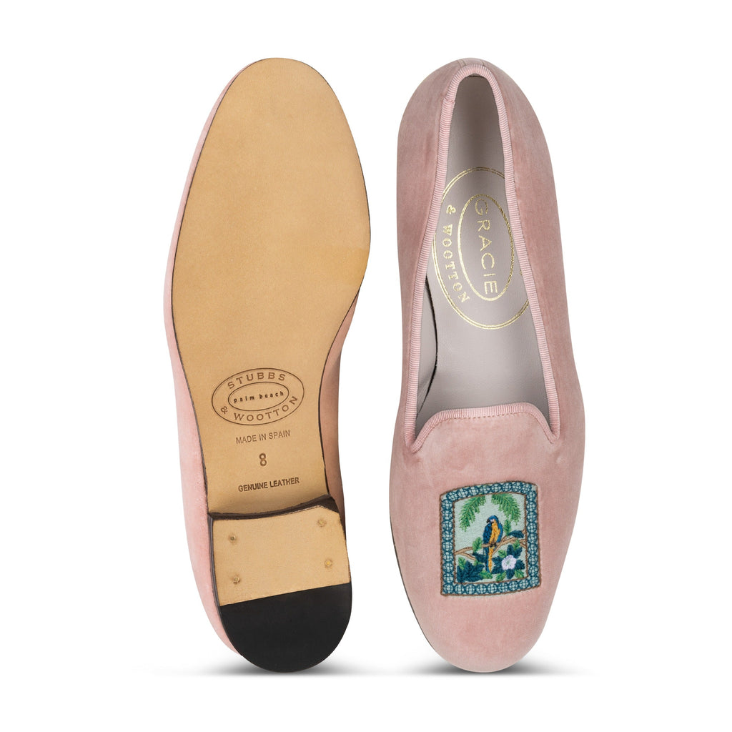 Top and sole views of Paradiso Vignette Blush Slipper showcasing blush velvet, tropical bird and foliage embroidery, and leather sole on white