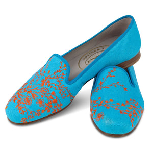 Fleurs Turquoise Linen Slipper