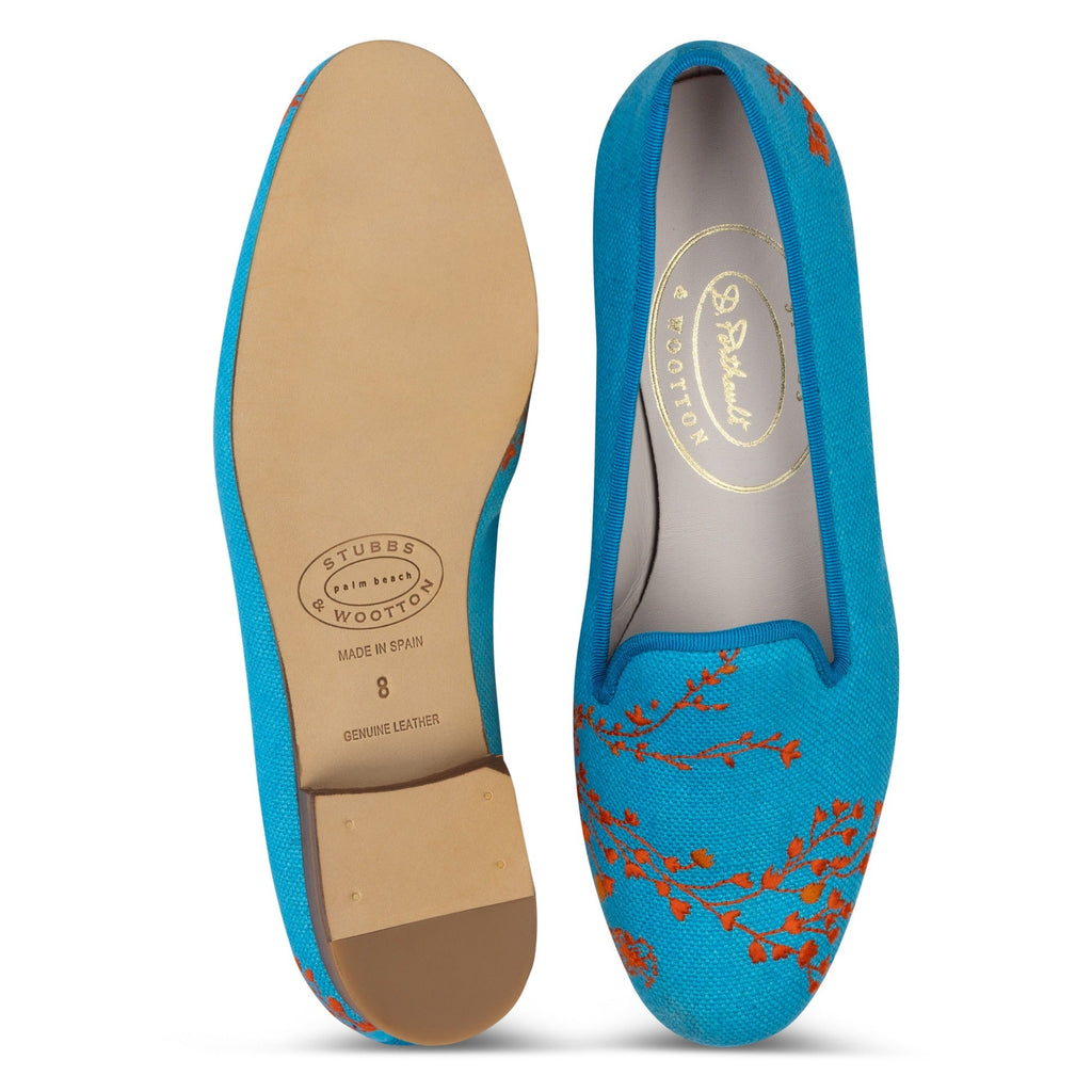 Fleurs Turquoise Linen Slipper