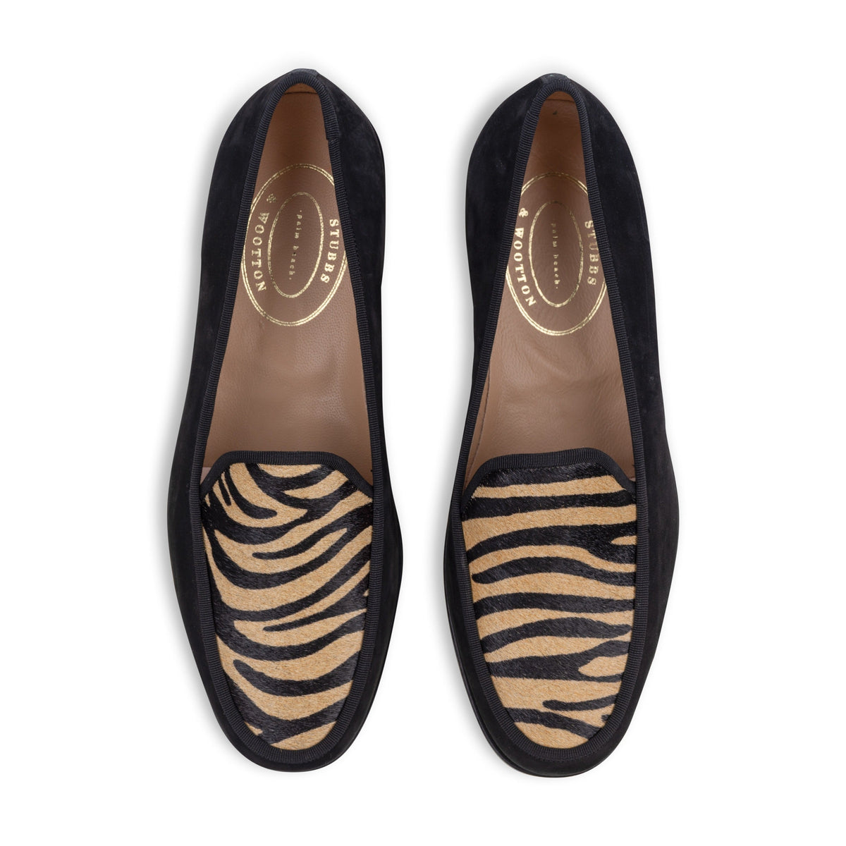 Top view of Stripes Camel Leather Lux loafers showcasing black velvet and camel black zebra print hair on hide vamps on white background