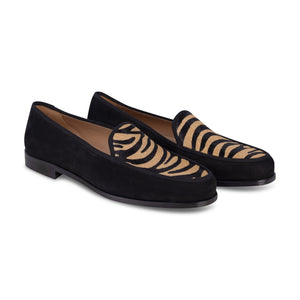Front and side view of men’s Stripes Camel Leather Lux loafers with camel and black zebra-print hair-on-hide vamp on white