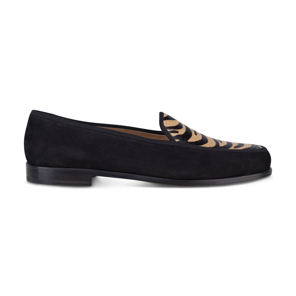 Side view of Stripes Camel Leather Lux loafer showing black velvet and camel-black zebra-print hair-on-hide vamp on white background