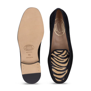 Top and sole views of Men’s Stripes Camel Leather Lux showcasing a black velvet loafer with camel-black zebra hair-on-hide vamp
