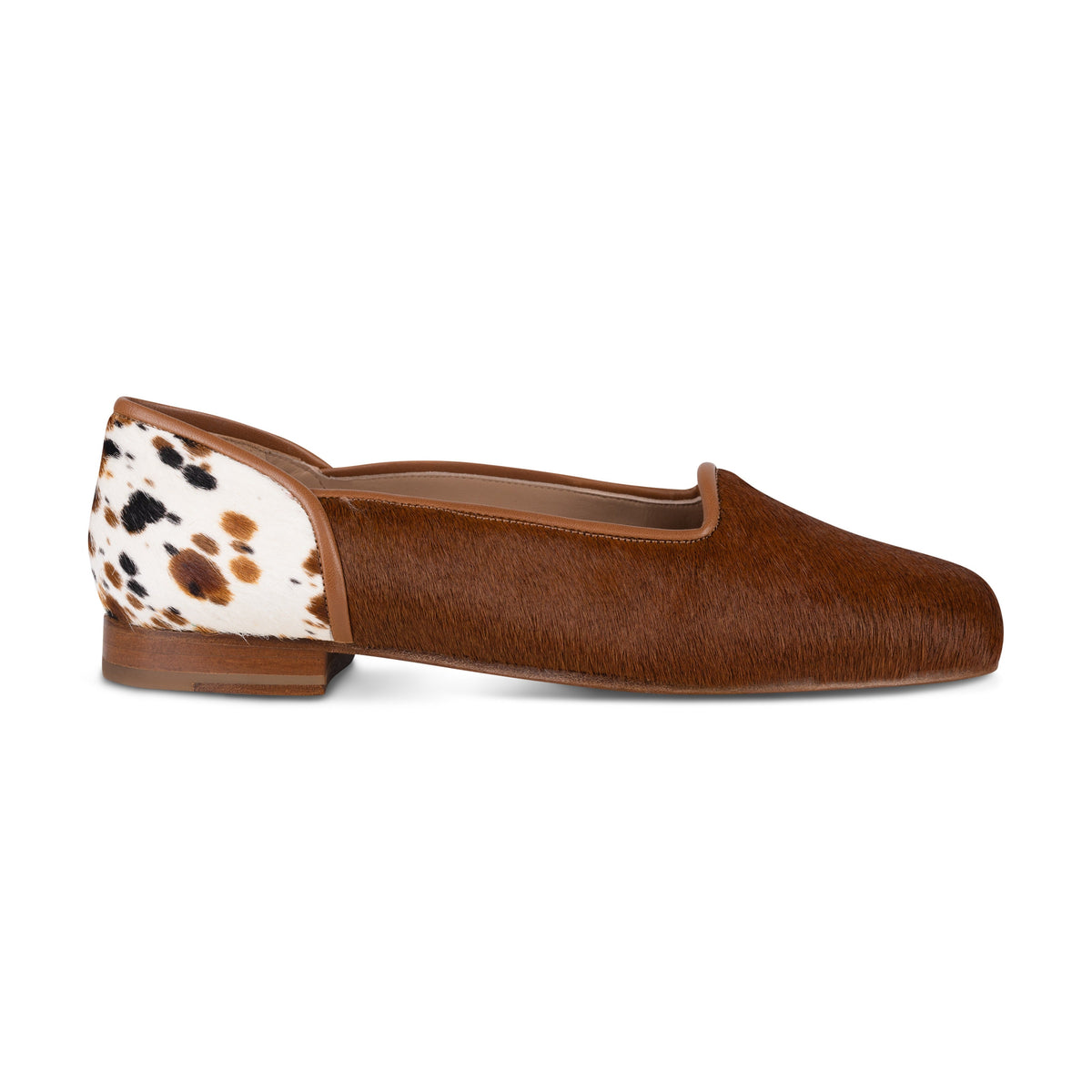 Side view of Patch Calf Leather Tutu showcasing chestnut brown pony hair leather and spotted heel pattern on white background