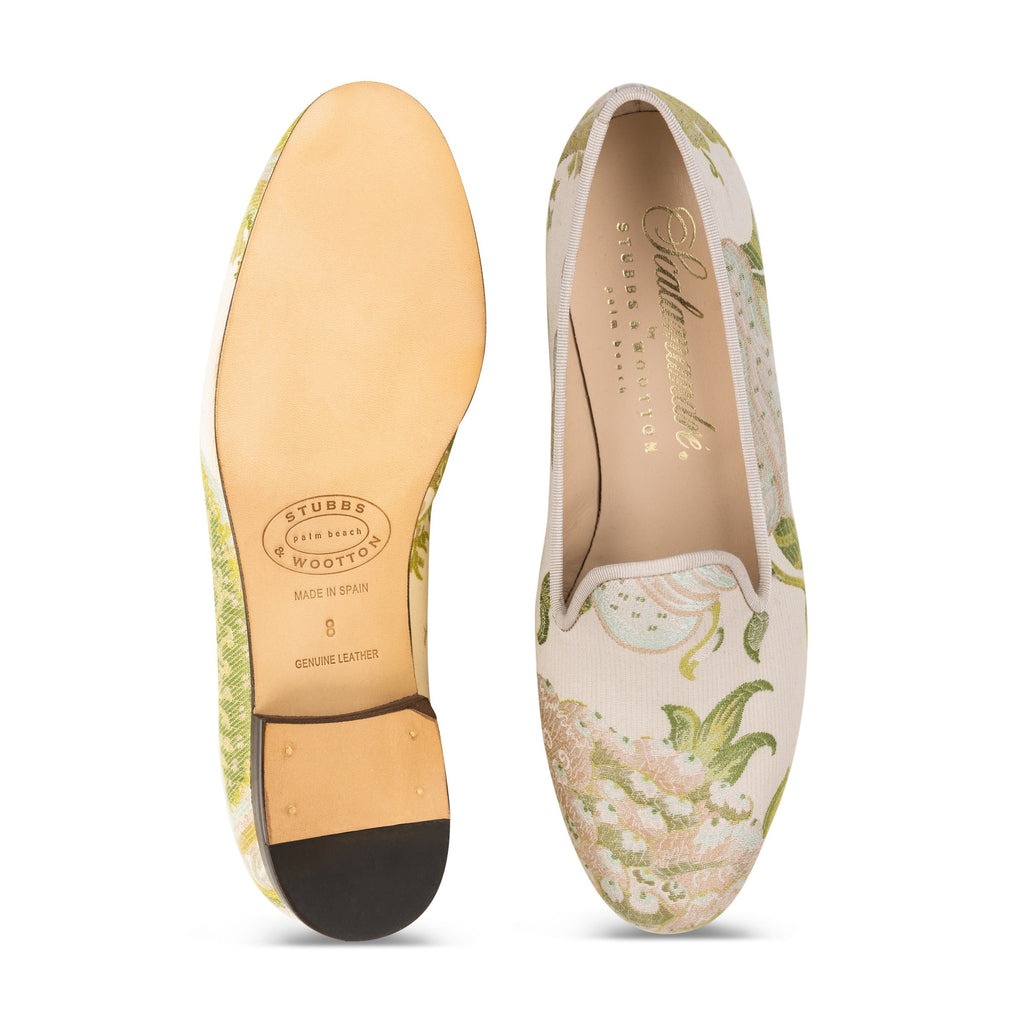 Our Jardin Ivory Silk Slipper (Woman) item is photographed here against a white background.