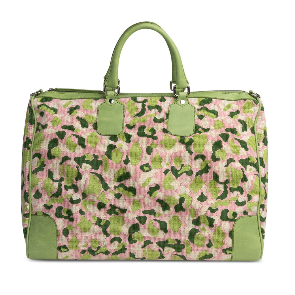 Our Hidden Palm Needlepoint Weekender item is photographed here against a white background.